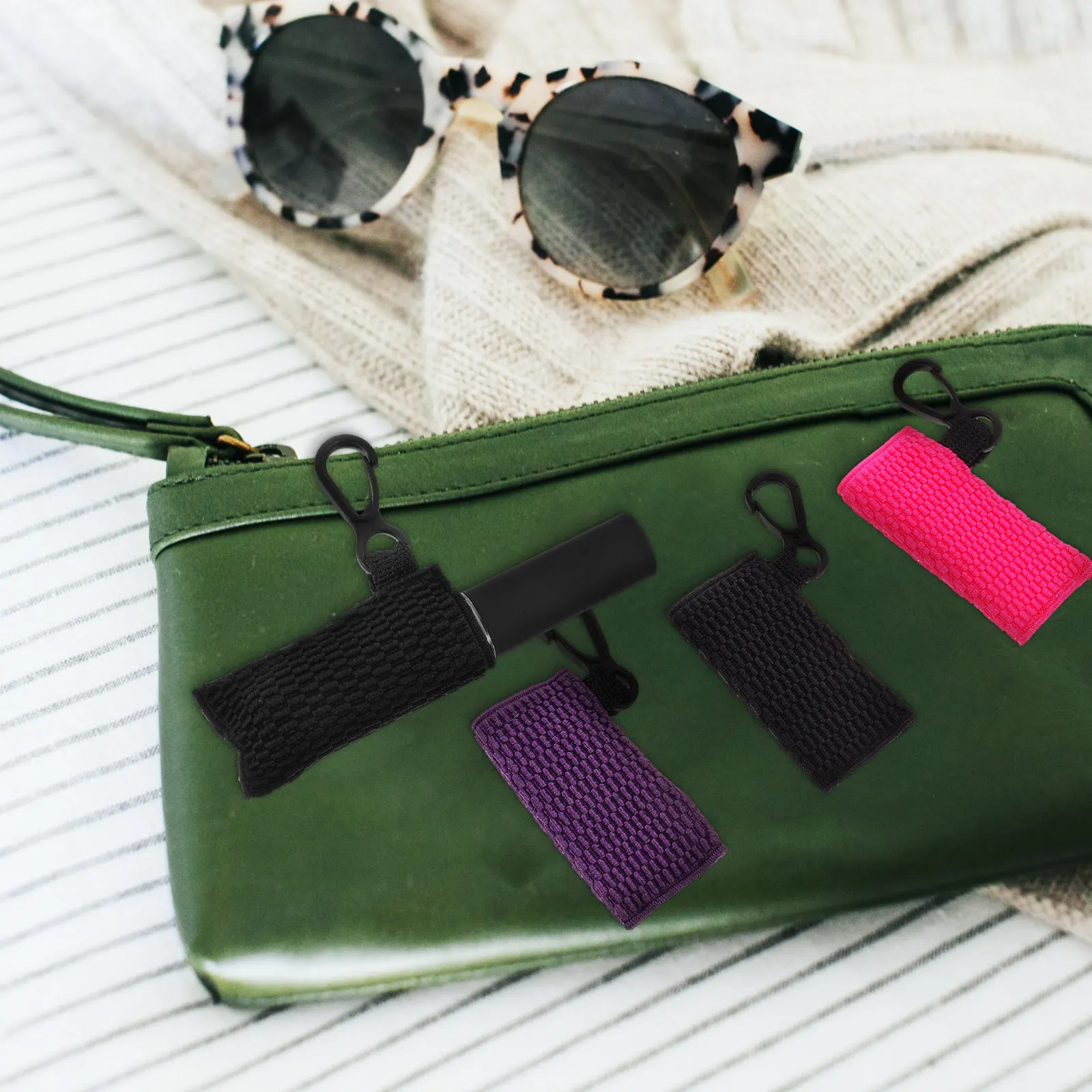 3Pcs 립밤 홀더 키 체인 휴대용 립스틱 커버 열쇠 고리 파우치 포켓 유모차 용 탄성 보호 운반 슬리브