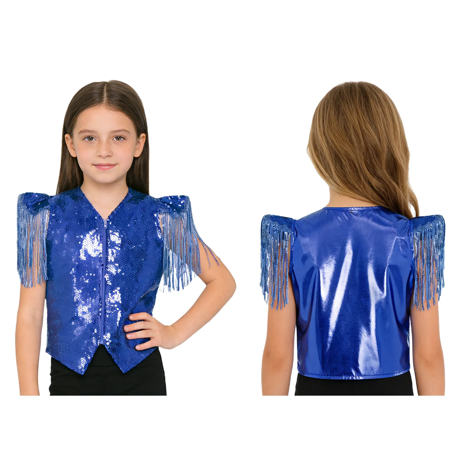 

Детский блестящий жилет для девочек с пайетками, декорированный бахромой на плечах, для латиноамериканских танцев, бальных танцев, вечеринок и выступлений на сцене