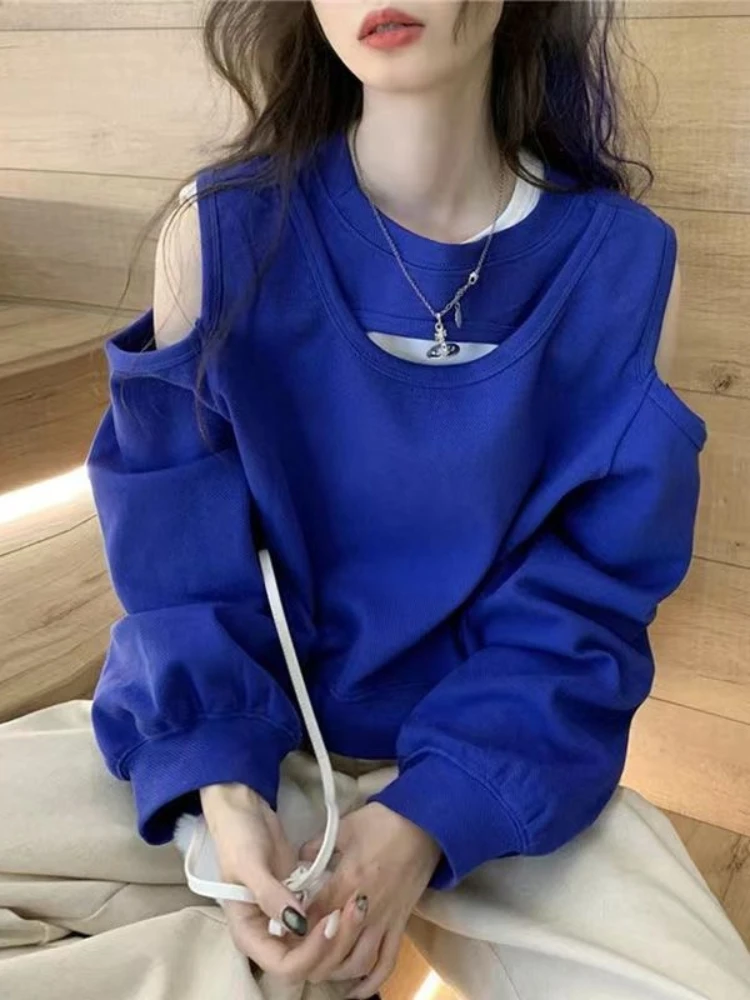 Deeptown Korean Fashion Solid Sweatshirts Women Harajuku Hip Hop Oversized Hoodies Loose Casual Off Shoulder All-match Tops Y2K