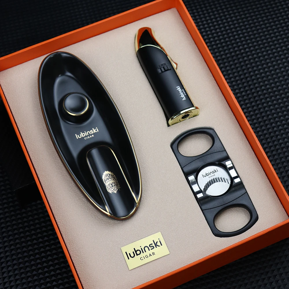 Luxury Cigar Set Cigar Windproof Lighter Sharp Cutter Ceramic Ashtray 3 LUBINSKI Travel Set Cigar Tool Fashion Gift Set CG-005