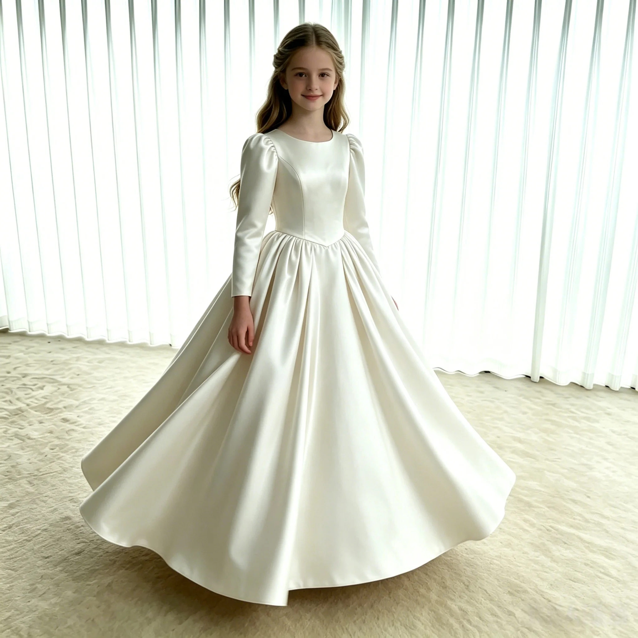Modest Long Sleeve Plain Satin Girls First Holy Communion A-Line Floor Length Gown for Church Baptism Religious Ceremony Wedding