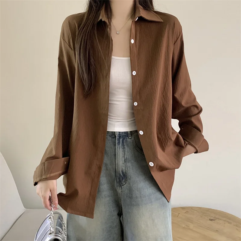 Fashion Versatile Turn-Down Collar Tops Women Long Sleeved Casual Shirts 2025 New Autumn Winter Loose Solid Blouses