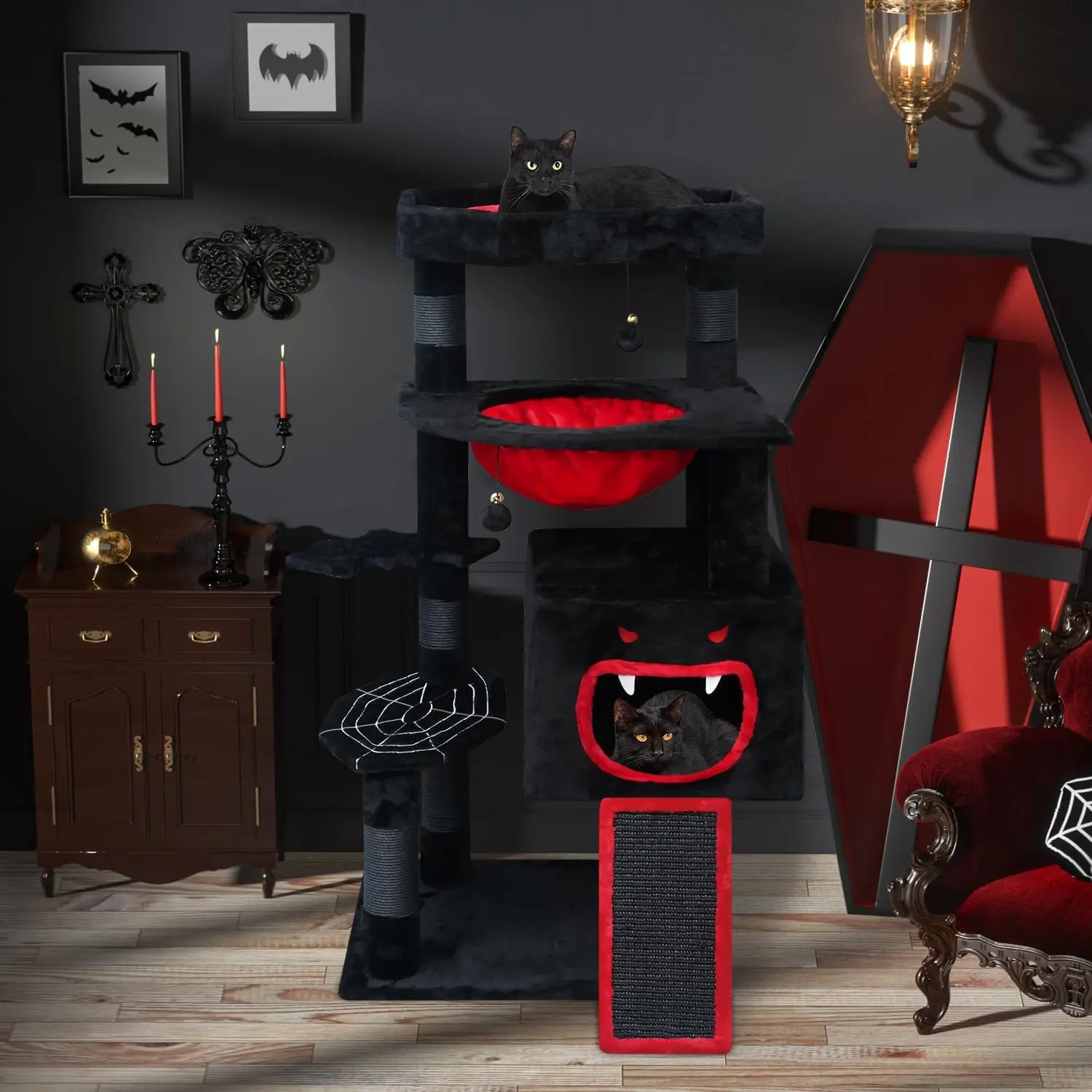 Gothic Cat Tree, 47in Black Cat Tower with Coffin Bed, Spooky Spacious Cat Condo, Coffin Bed with Thickened Soft Cushion, Sisal