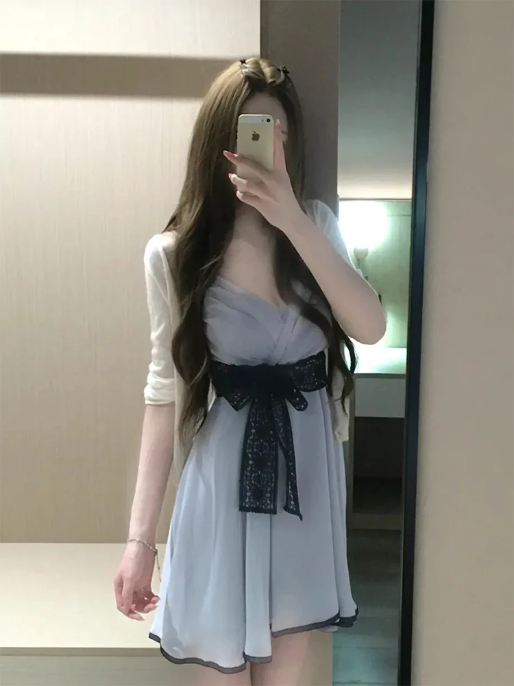 

Summer New Pure Desire Knot Waist Cinched V-Neck Strap Dress Women's Fashion Set with Open Cardigan Short Skirt