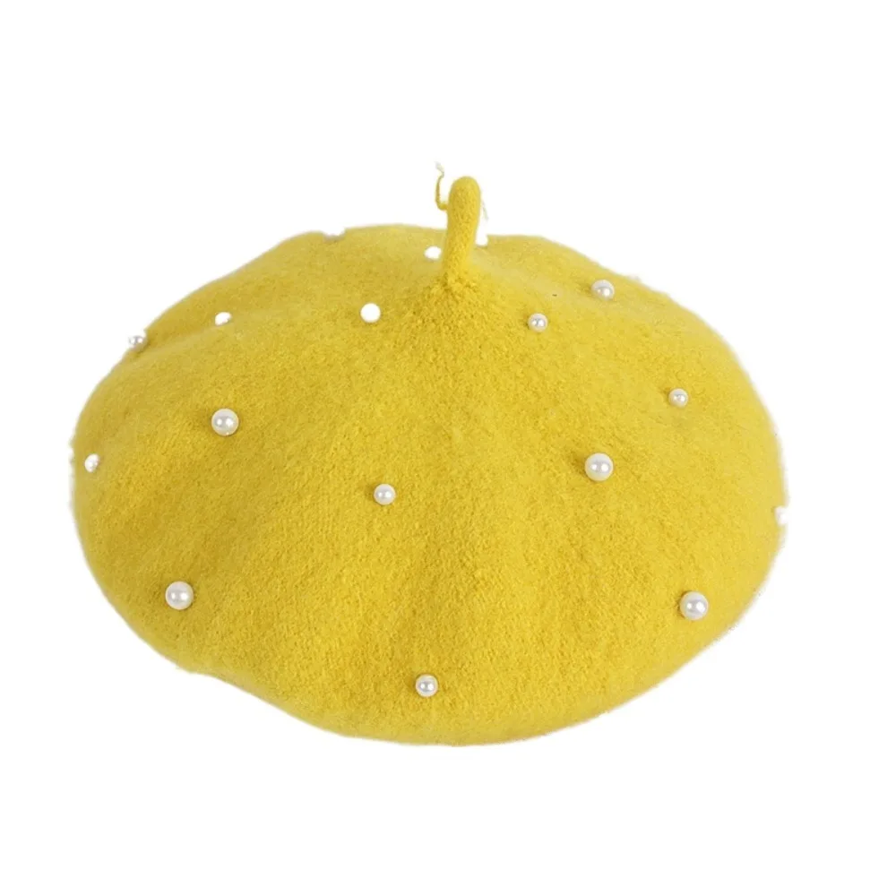 

Fashion Pearl Children's Beret Solid Color Warm Baby Wool Hat Korean Style Woolen Painter Hat Winter