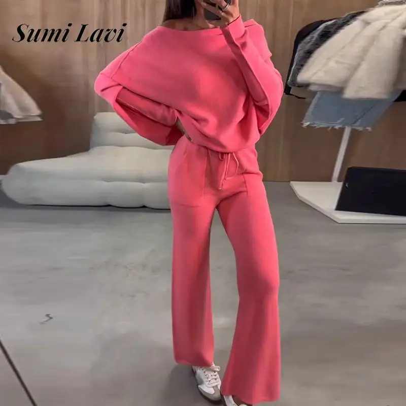 Women Casual Long Sleeve Solid Homewear Suit Elegant Wide Leg Loose 2Pc Outfits Sexy Off Shoulder Pullover Top & Long Pant Sets