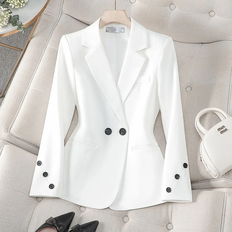 2025 Nieuwe Lente Herfst Wit Zwart Blazer Vrouwen Lange Mouw Double Breasted Office Dames Jas Zakelijke Werkkleding Formele Jas