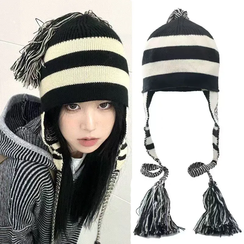 

Anime NANA Hat Stripe Tassel Ear Protection Woolen Lei Feng Hat Warm Knitted Flying Hat Trendy Accessories Cosplay Fans Gifts