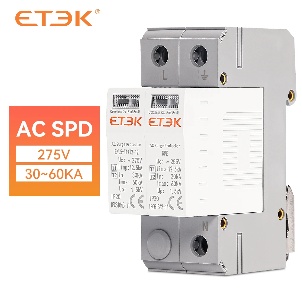 ETEK SPD Tipo T1 + T2 Dispositivo di protezione contro le sovratensioni per la casa Protezione per scaricatore 2P 4P 1P + NPE 3P + NPE EKU5