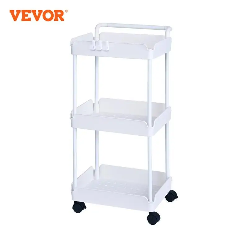 VEVOR 3-Tier Rolling Utility Cart Kitchen Cart with Lockable Wheels Multi-Functional Storage Trolley with Handle Movable White