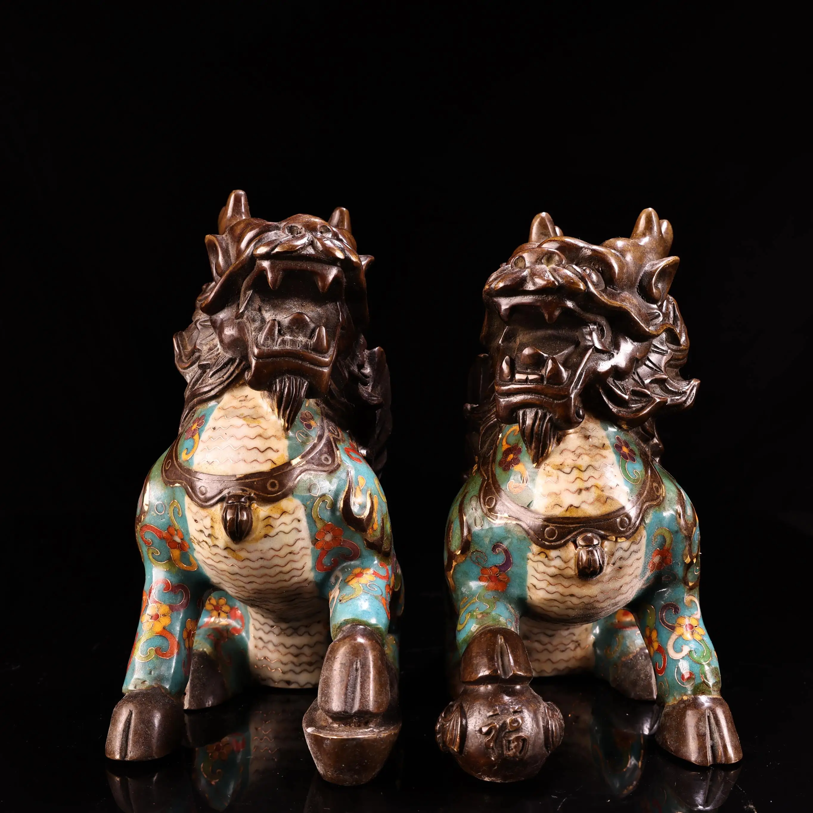 

8"Xizang Folk Old Bronze Cloisonne Enamel mythical beast Fortune Kirin Statue A Pair Amass wealth Ornaments Town house