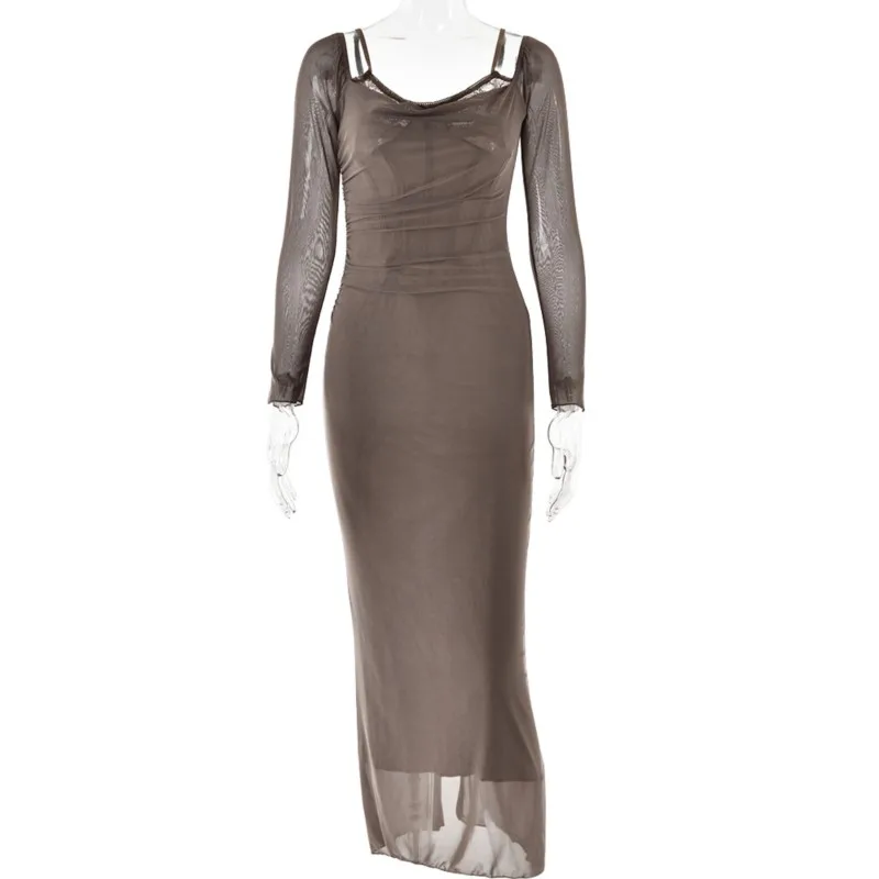 2025 ฤดูใบไม้ผลิฤดูร้อนใหม่ SHEER Backless Bodycon ชุดแขนยาวด้านข้างเซ็กซี่ชุดราตรีชุดสําหรับสตรี