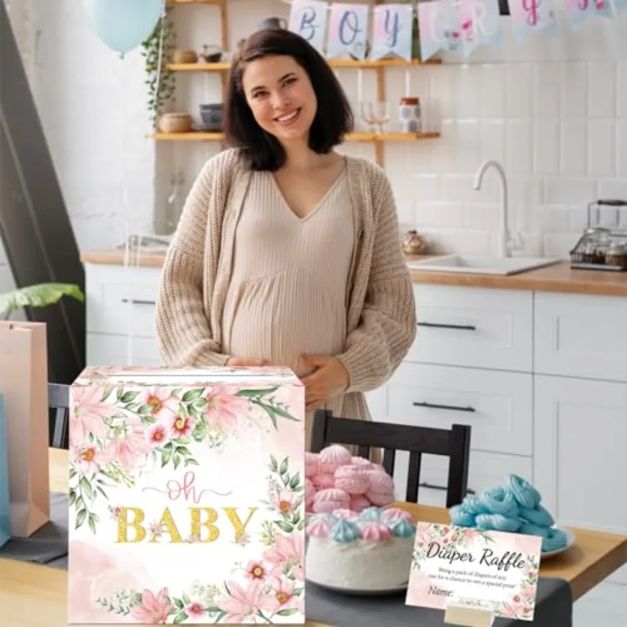 Baby Shower Games Floral Diaper Raffle Box for Baby Shower 50 PCS Diaper Raffle Tickets Card Box with Advice and Wishes for the