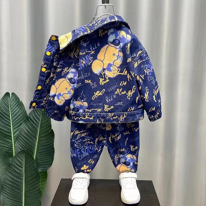 Baby Boys Clothing Fashion Printed Denim Jacket + Jeans 2 pcs Sets Autumn Kids Cotton Denim Suits Children Clothes