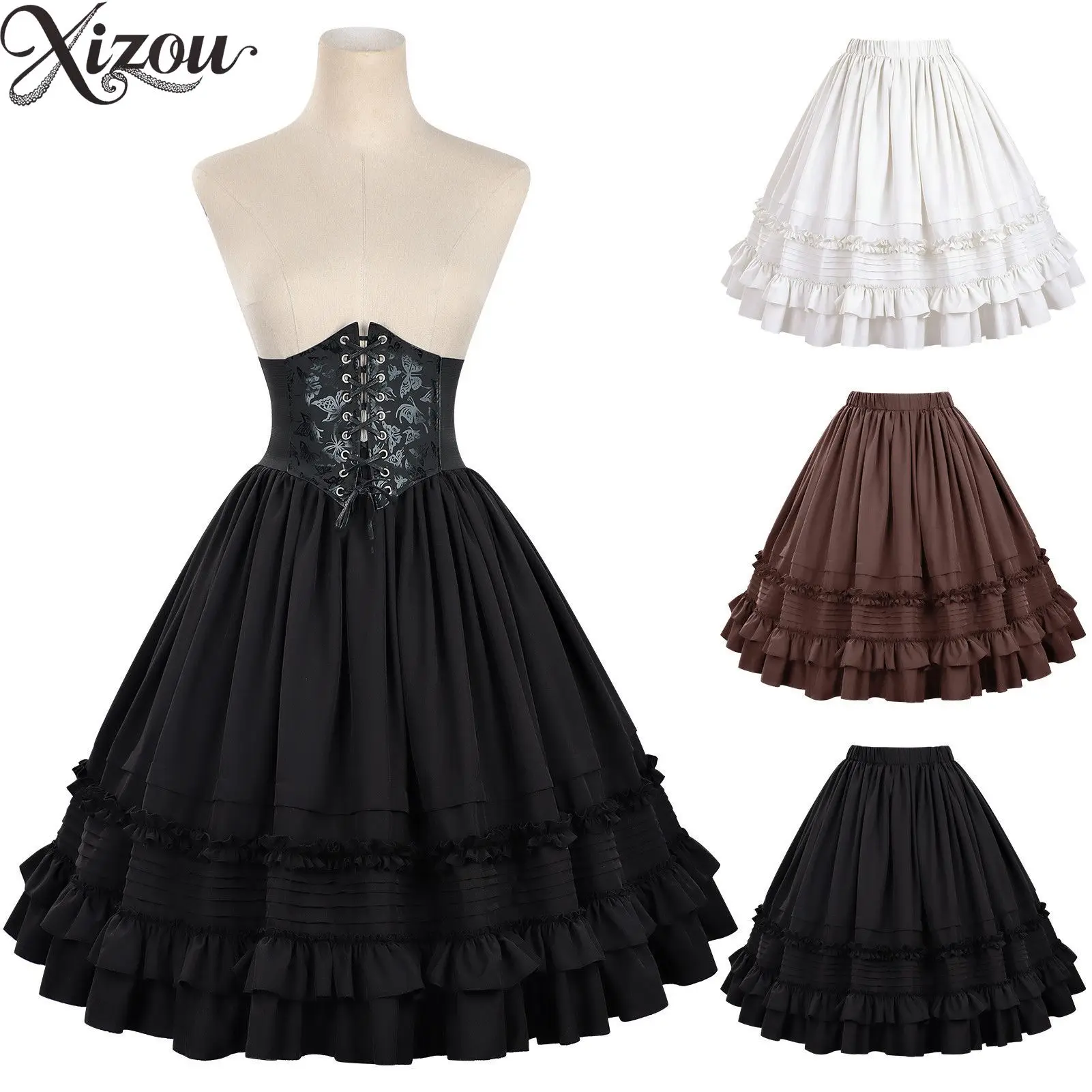 Vintage Gothic Steampunk Cake Ruffled Skirt Women High Waist Slim Tiered Layered Skirt Sweet Lolita Medieval Victorian Cosplay