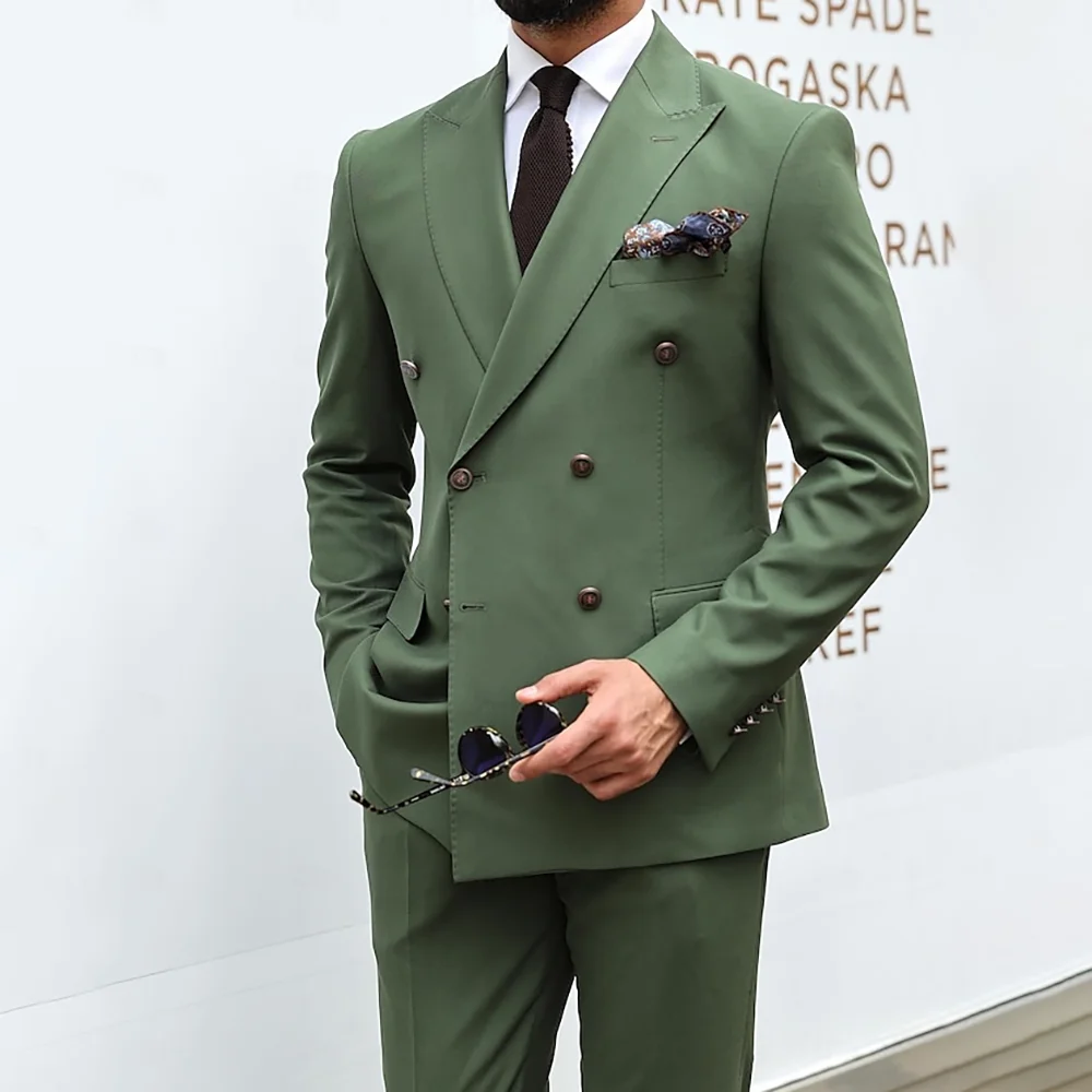

High Quality Suits For Men Fashion Double Breasted Peak Lapel Slim Solid Color 2 Pieces Daily Office Work Business Speech Outfit