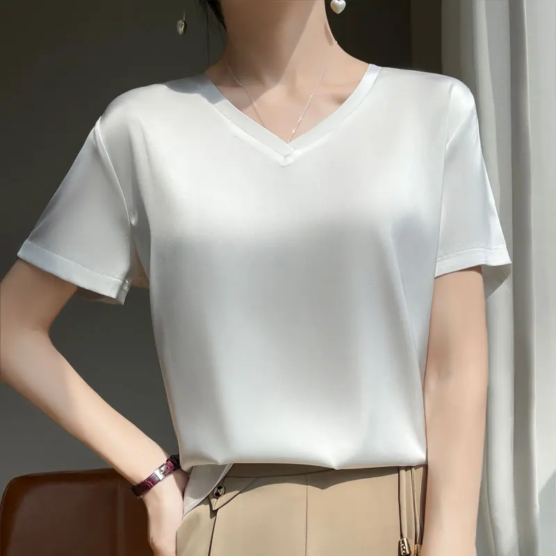 Women's Summer Simulation Silk Suspender V-neck T-shirt Loose Oversized Top Solid Color Versatile Style YTM D05