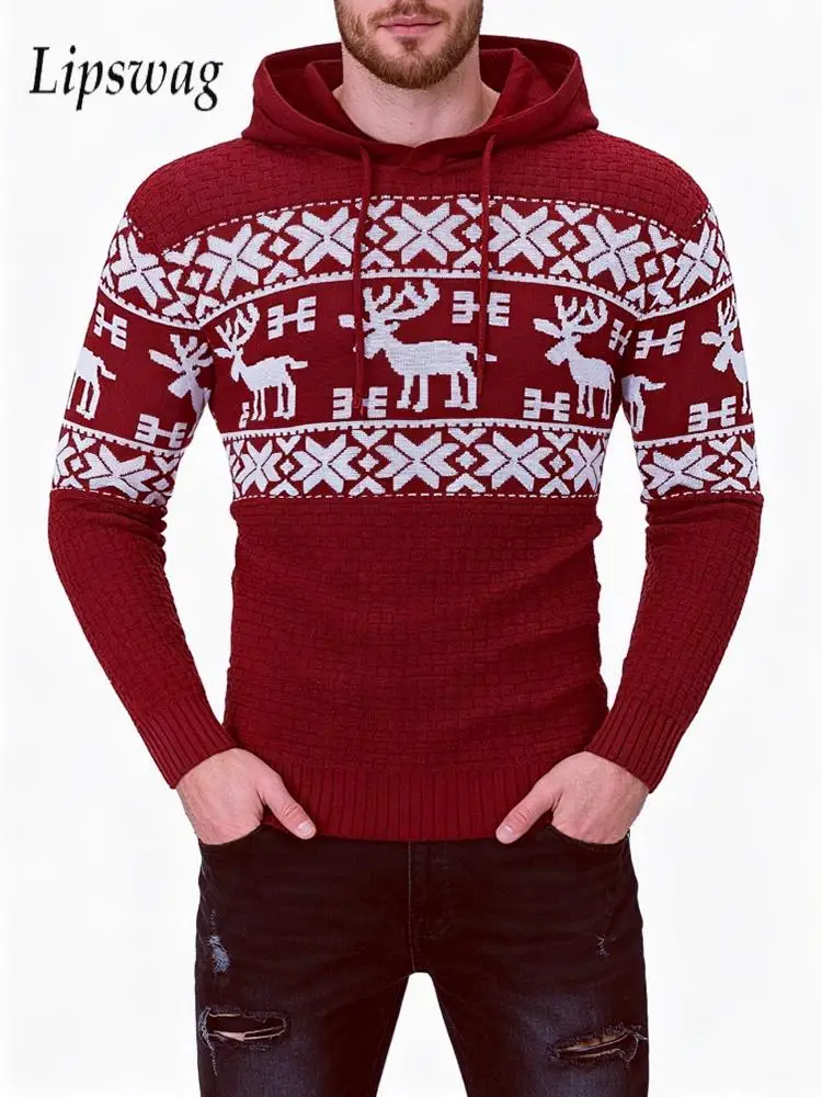 

Christmas Style Mens Knit Hoodies Autumn Winter Vintage Drawstring Hooded Sweaters Men Stylish Slim Fit Knitted Sweater Hoodie