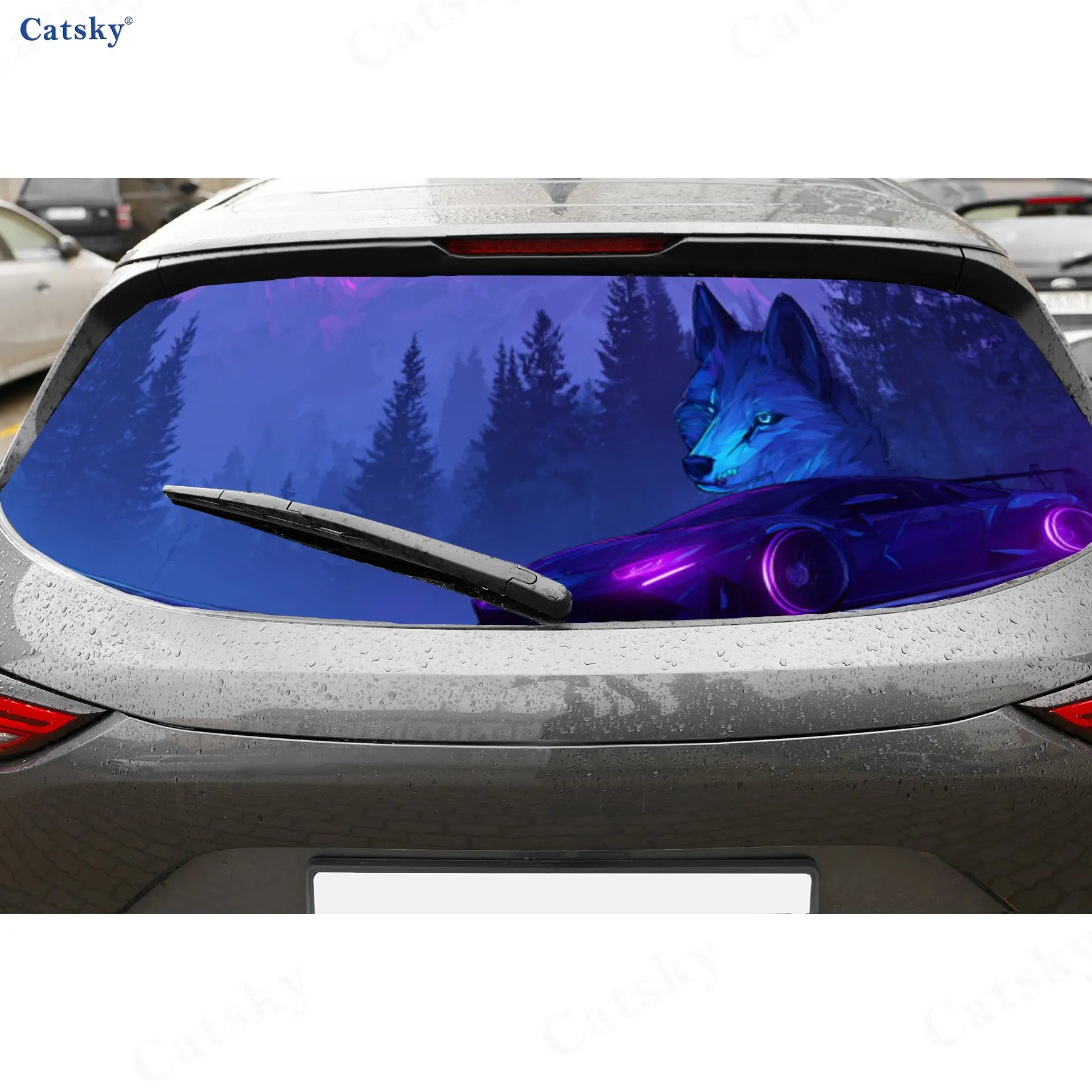 

Purple Blue Lone Wolf Forest Wild Pattern PVC Perforated Car Vinyl Wraps, Durable Car Rear Windshield Sticker, Waterproof Car Re
