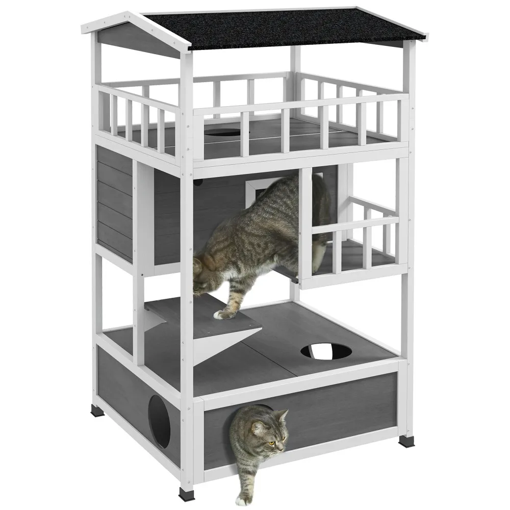 PawHut Wooden Outdoor Cat House: Feral Cat Shelter Kitten Condo with Asphalt Roof, Escape Doors, Jumping Platform, Light Gray view 2
