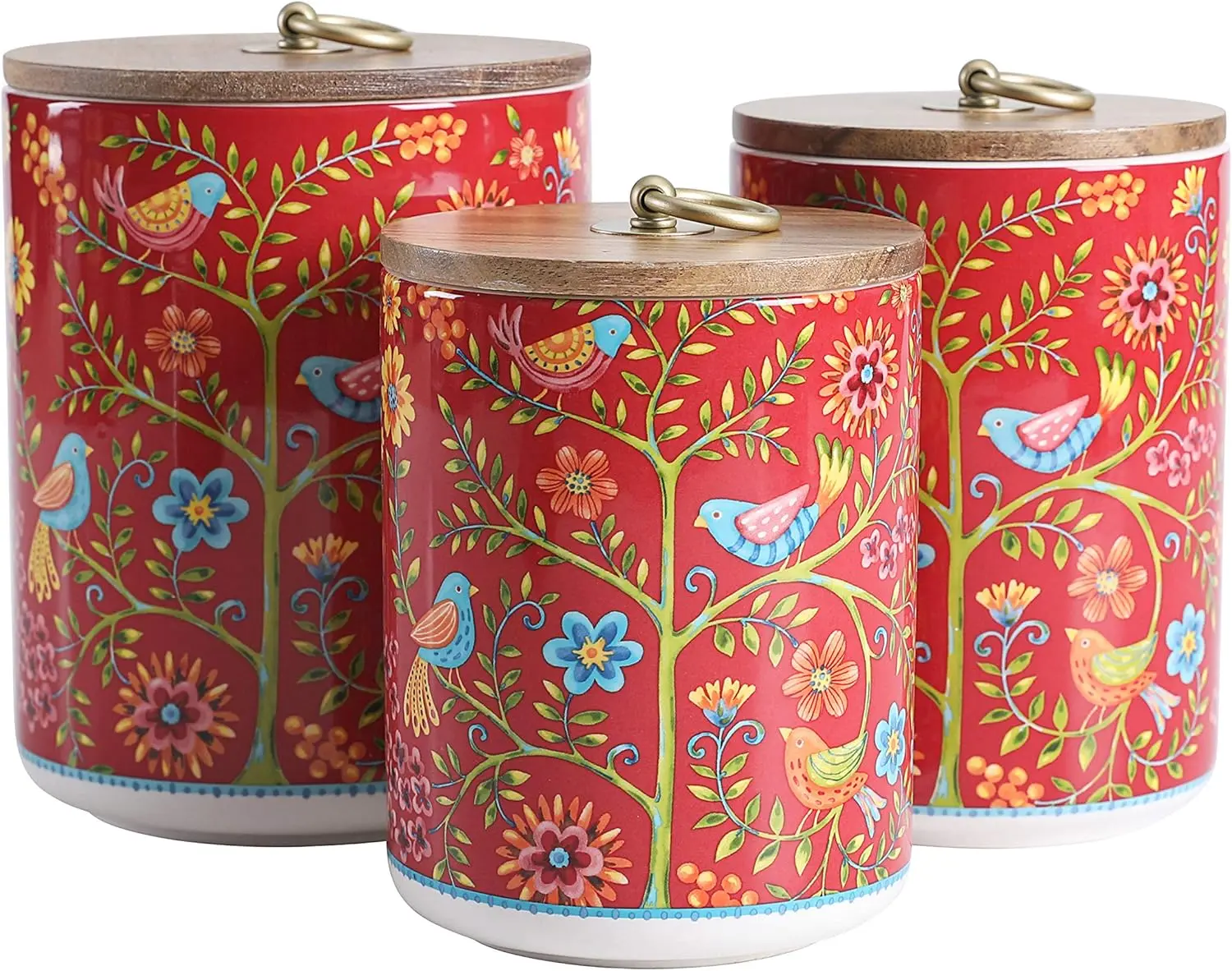 Red Spring Bird Ceramic Canister Set, 62oz, 40oz, 32oz, Wooden Air Tight Lid, Food Jar for Coffee, Tea, Spice, Dishwasher Safe