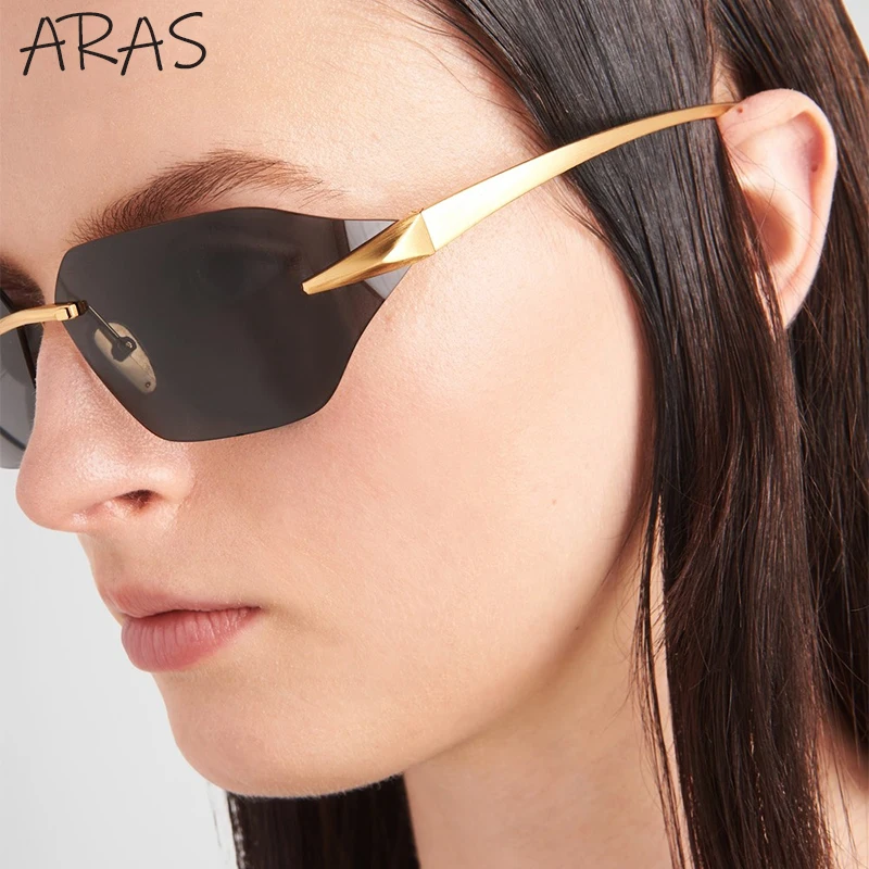 Rimless Rectangle Punk Sunglasses Women 2024 Luxury Brand Fashion Metal Frame Sun Glasses Men Retro 2000\'s Wrand Around Sunglass