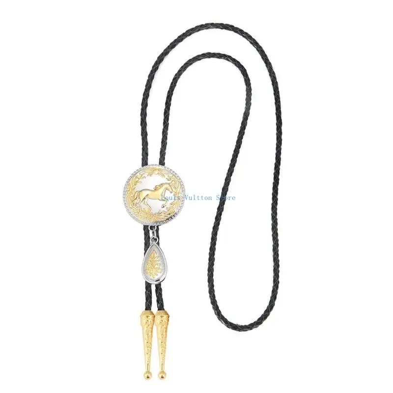 

L5YB Mens Rodeos Bolotie Necktie with Metal Horse and Drop Pendant Adjustable Necklace