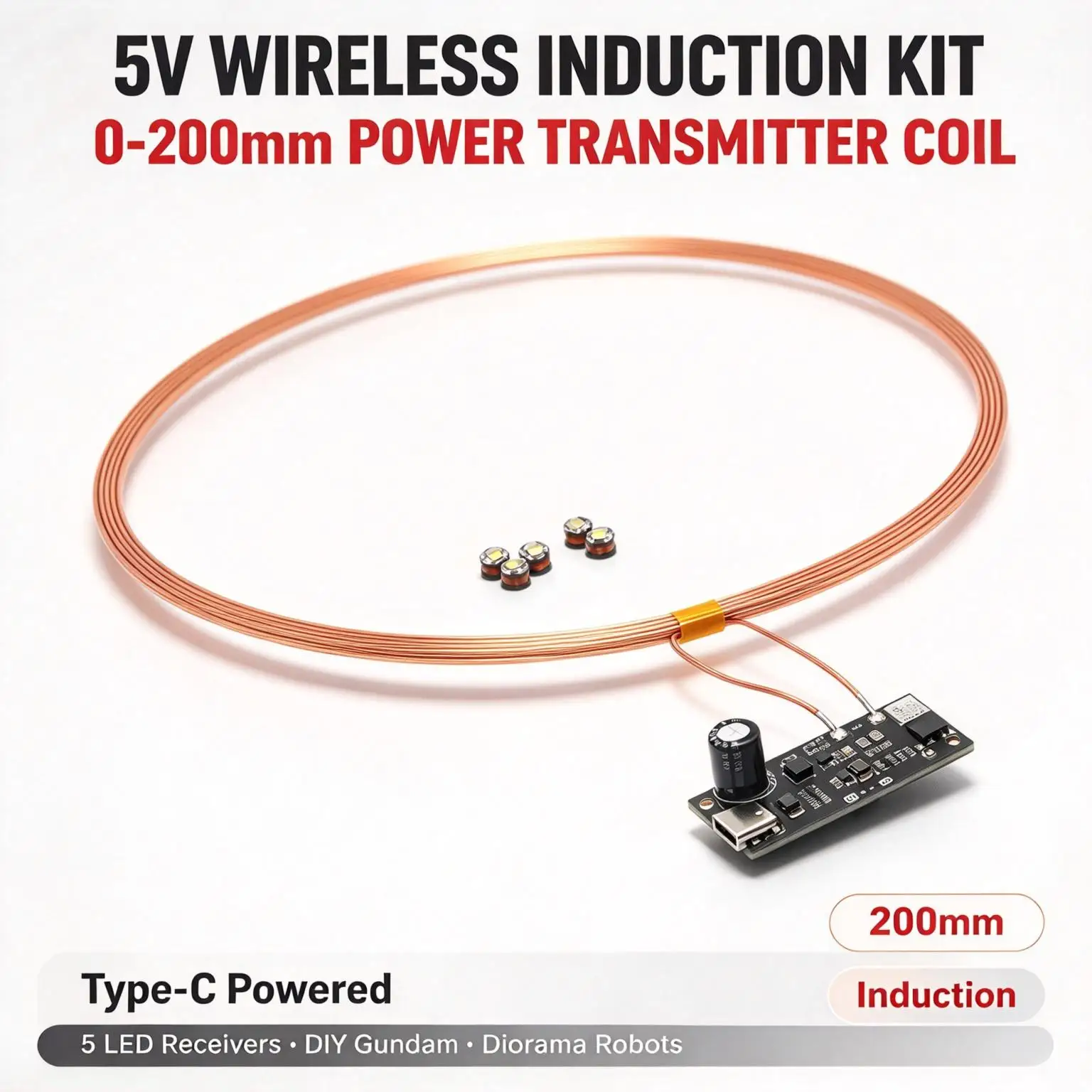 DYKB Wireless Induction Power Supply Transmitter Coil 0-200mm TYPE-C 5V 5PCS Receiver LED Light for DIY Diorama Robot Model Toys