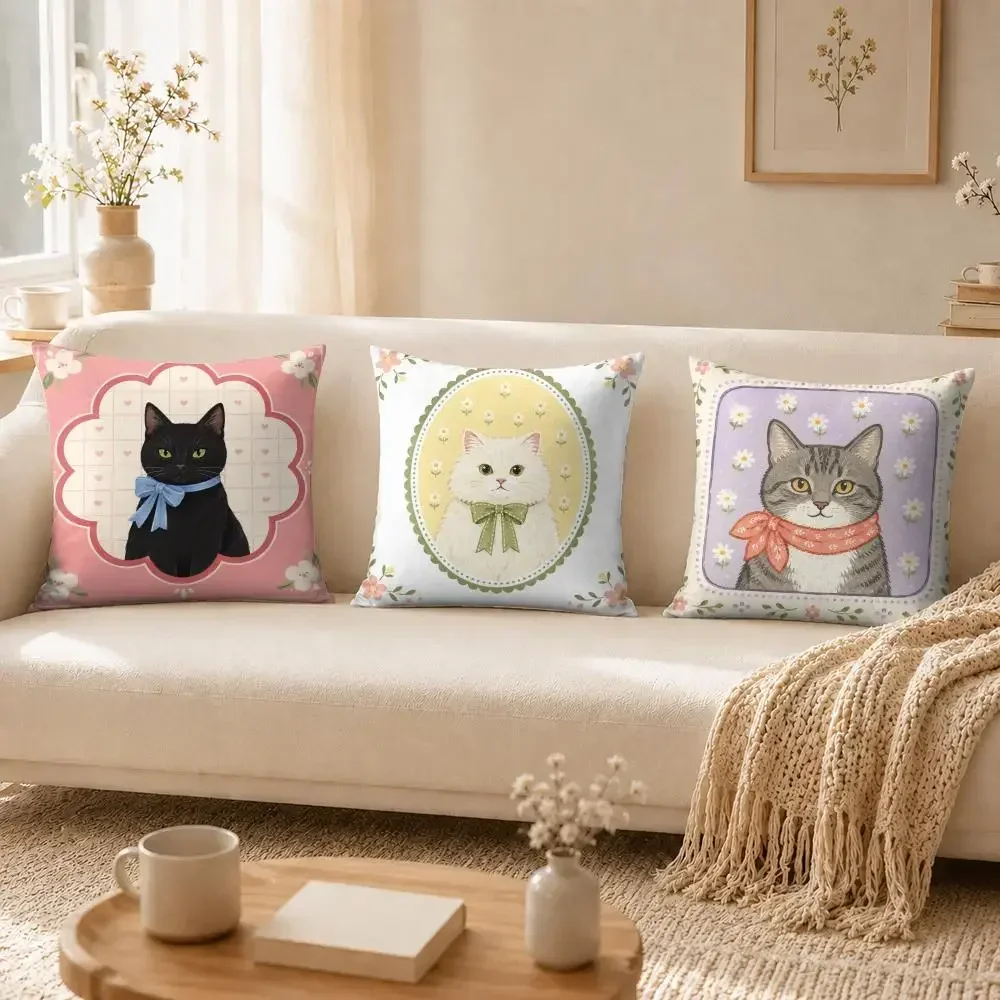 Cute Caroon Cat Photo Frame Art Pillow Case Breathable Organic Short Plush Cushion Covers Wrinkle Resistant Soft Durable