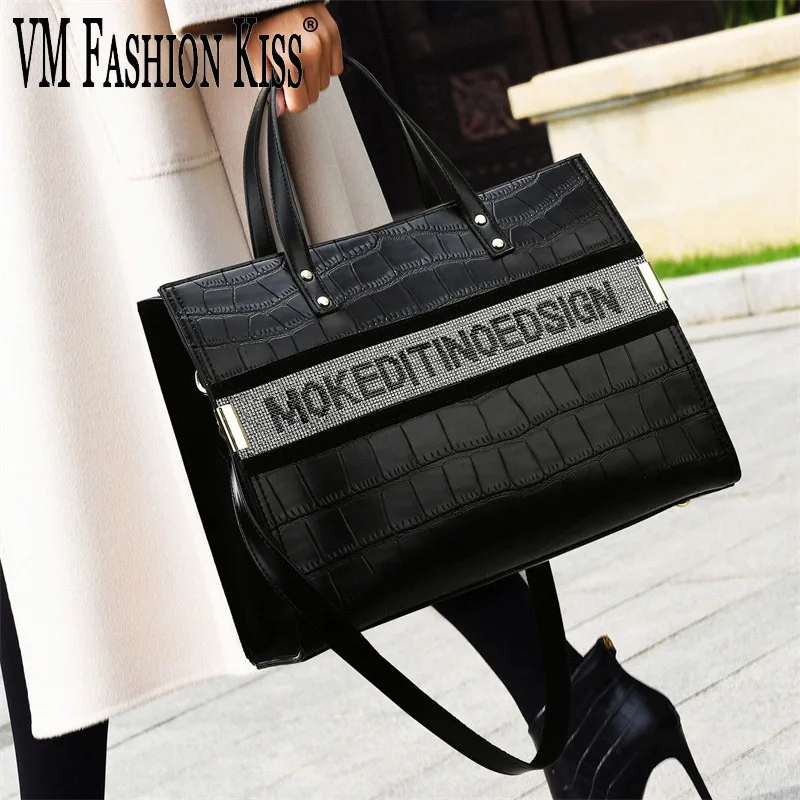 VM FASHION KISS 2024 Black Diamond Light Luxury Large Capacity Women Tote Bag Vintage Shoulder Bag Elegant Crossbody Handbag