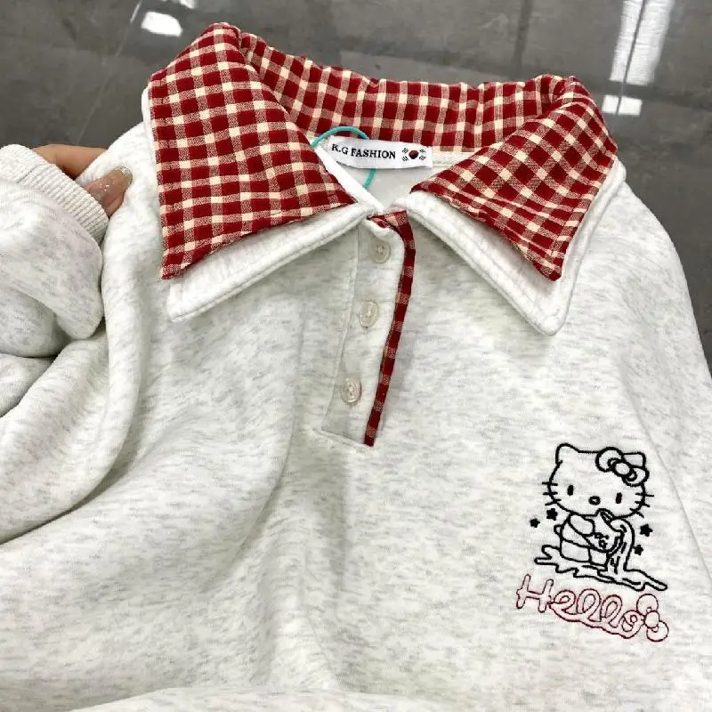 

Sanrio Hello Kitty 2025 Spring New Polo Hoodie Women Korean Version Trend Casual Top Y2K Sweet Girl College Style Loose Pullover