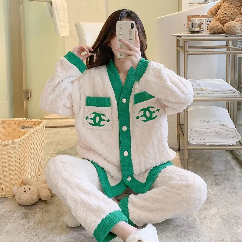 Women Flannel Confinement Clothing Winter Thick Warm Pajamas Female Outerwear Coral Velvet Nightgown Casual Loose Homewear Suit