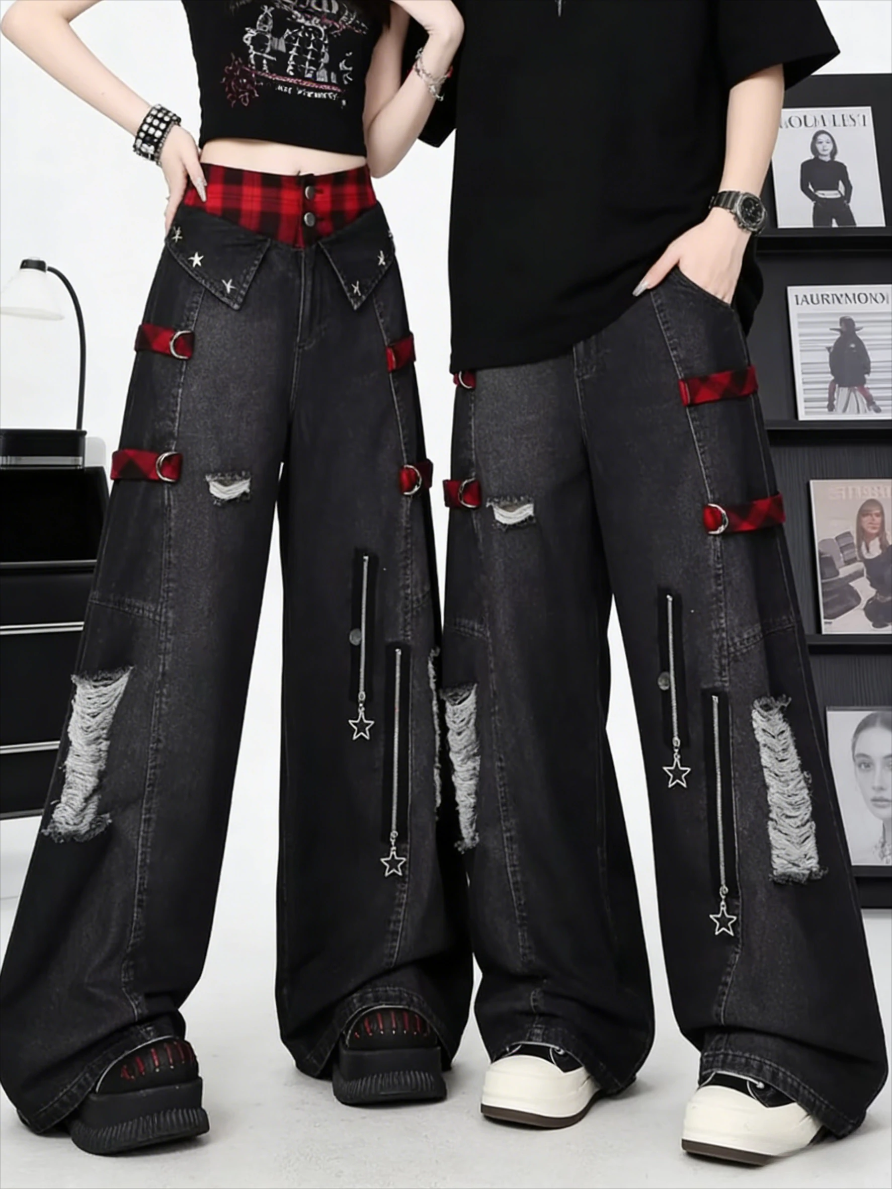 

Red Gothic Hip-Hop Hole Vintage Jeans Girl High Street Trend American Y2K Baggy Wash Overall Belt Splicing Woman Wide-leg Pants