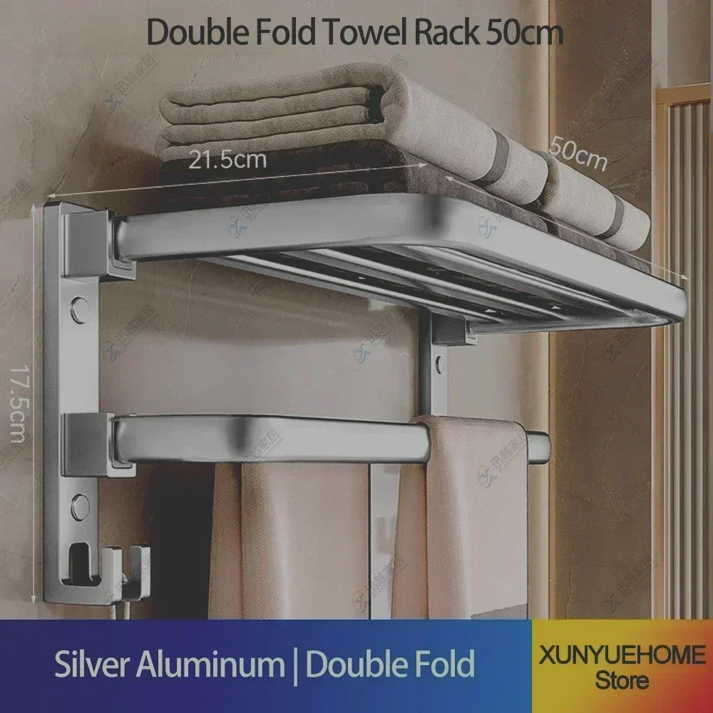 Towel Holder Dark Silver Aluminum Fold Hanger Wall 50-60CM Clothes Rack Shower Bar Rail Toilet Storage Shelf Bathroom Accessorie