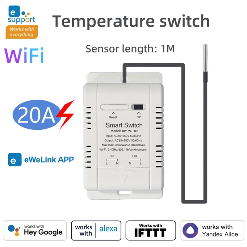Interruptor de temperatura wi-fi com sensor ewelink inteligente wifi 20a termostato interruptor de temperatura suporta controle de voz