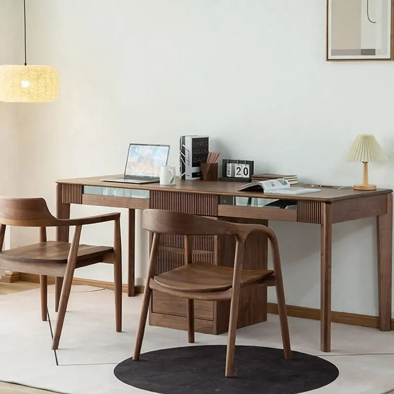 Nordic all solid wood black walnut desk modern simple log double computer bookcase integrated wall computer desk