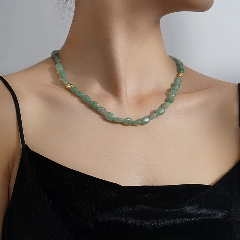 

Brass Natural Green Stone Beads Choker Necklace Women Jewelry Punk Designer Runway Rare Gown Boho Japan Korean