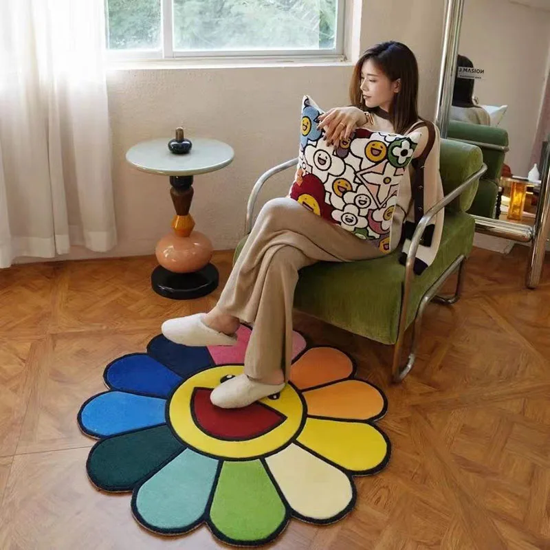 Colorful Sunflower Shaped Carpet Printed Soft Bedroom Bedside Rug Kids Non-Slip Baby Playmats Floor Mat Living Room Mats