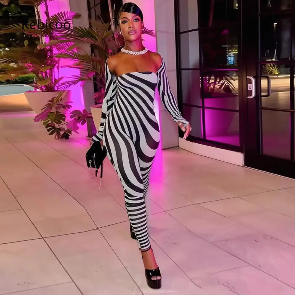 Ladies Long Sleeve Striped Pattern Romper One Shoulder Slim Full Length Design For Theme Party And Night Time Wear
