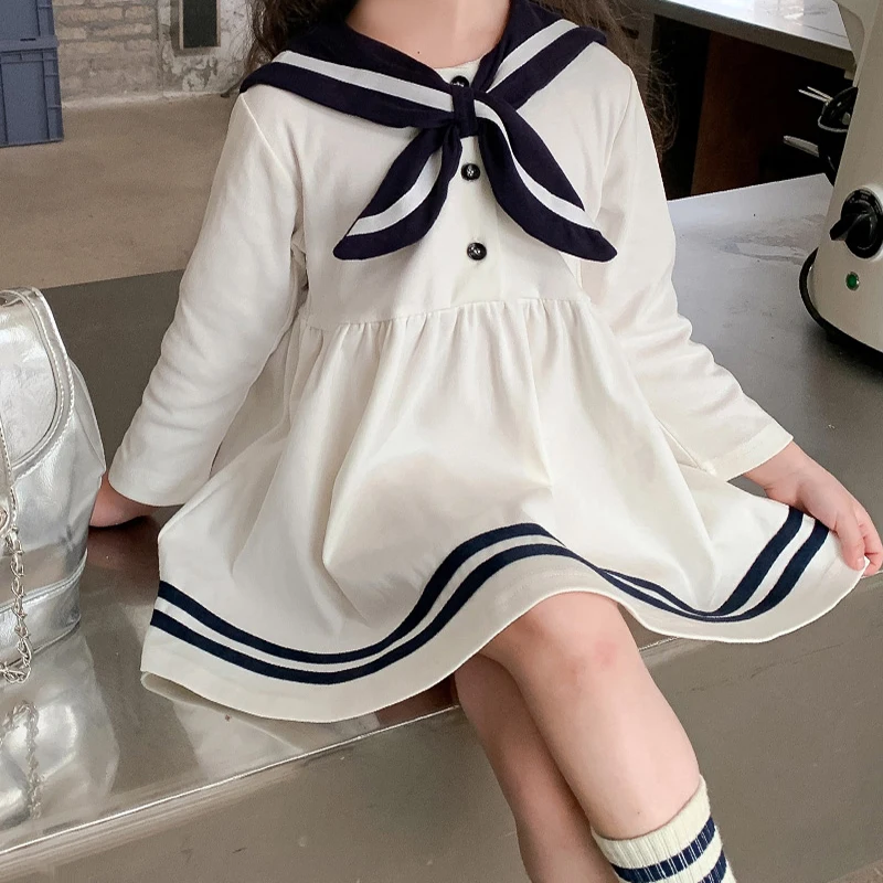 2024 Spring and Autumn Girls Children\'s Sweet Long sleeved Dress Navy Collar Star Princess Dress Clothing 1-6Y