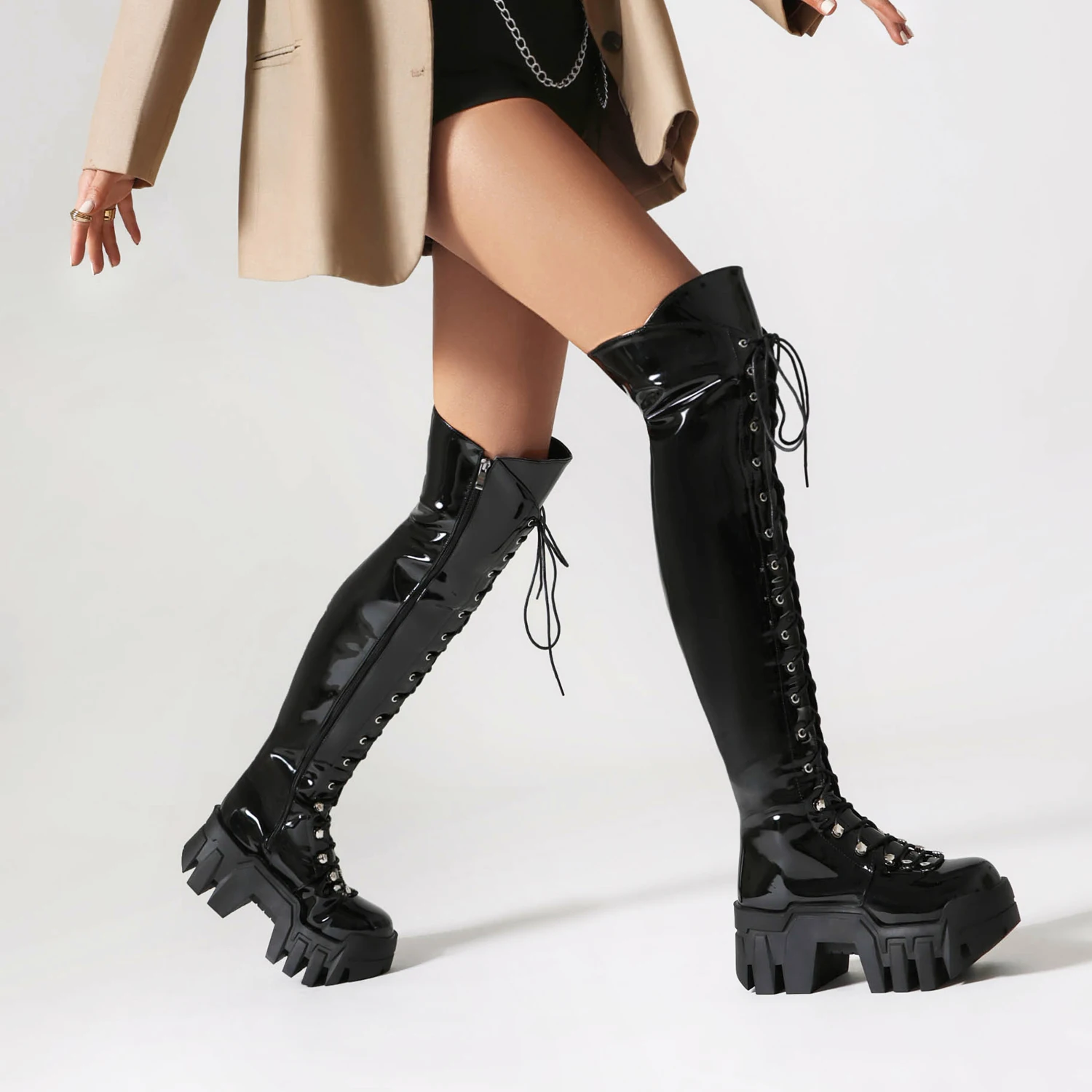 2024 Hollow Sponge Cake And Patent Leather Cross Tie Up Punk Style Women\'s Over The Knee Boots With Side Zippers Elevated Boots