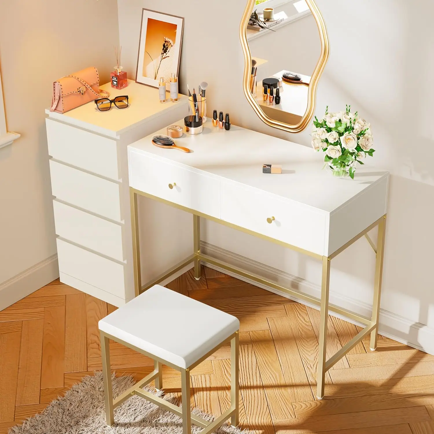 Desk with 2 Drawers, Modern Makeup Vanity Desk with Padded Stool, Small Computer Desk Home Office for Writing Study Bedroom