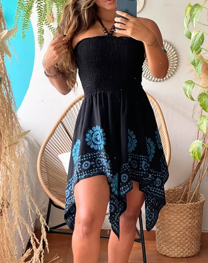 

Womens Dresses 2025 Summer Fashion Tribal Print Halter Sleeveless Shirred Mini Dress Casual Bandeau Asymmetrical Vacation Dress