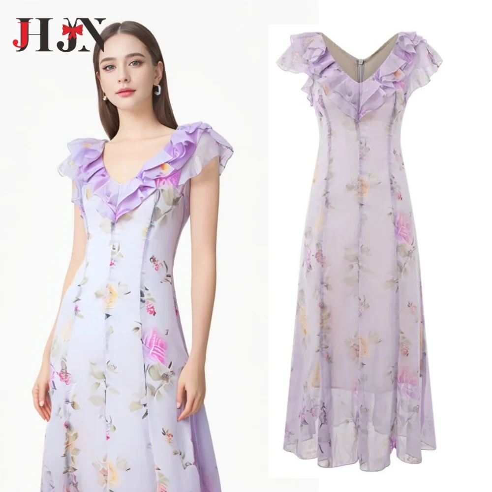 JHJN Beach Style Women Dress Ruffles V-Neck Floral Printed Skirt Mesh Sheer Frock Ankle-Length Fairycore Y2k Female Vestido Tops