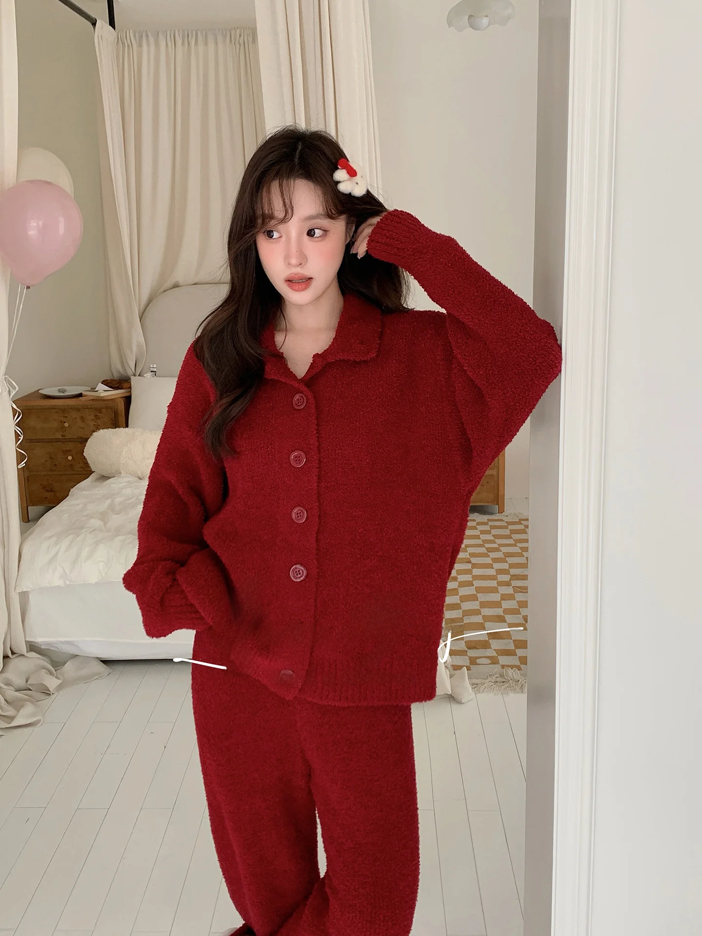 

Red Fortunegiving New Year Thickened Coral Velvet Sleepwear Women's Winter Warm High Collar Home Clothes Half Velvet Plush