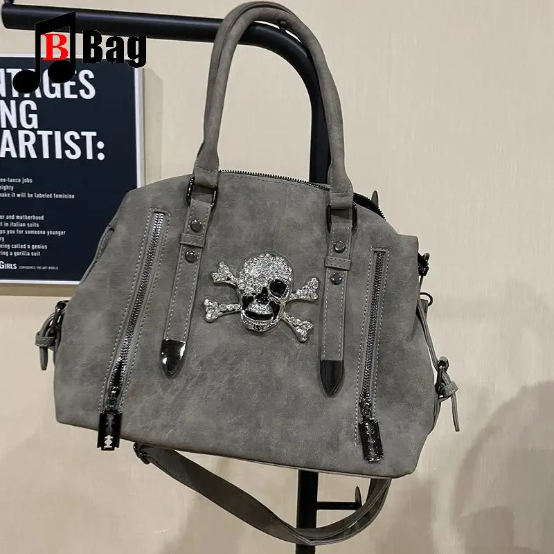 Y2K Gothic Women\'s Girls Punk Harajuku Handbag Skull Head Bright Diamond Large Capacity Fashionable One Shoulder Crossbody Totes