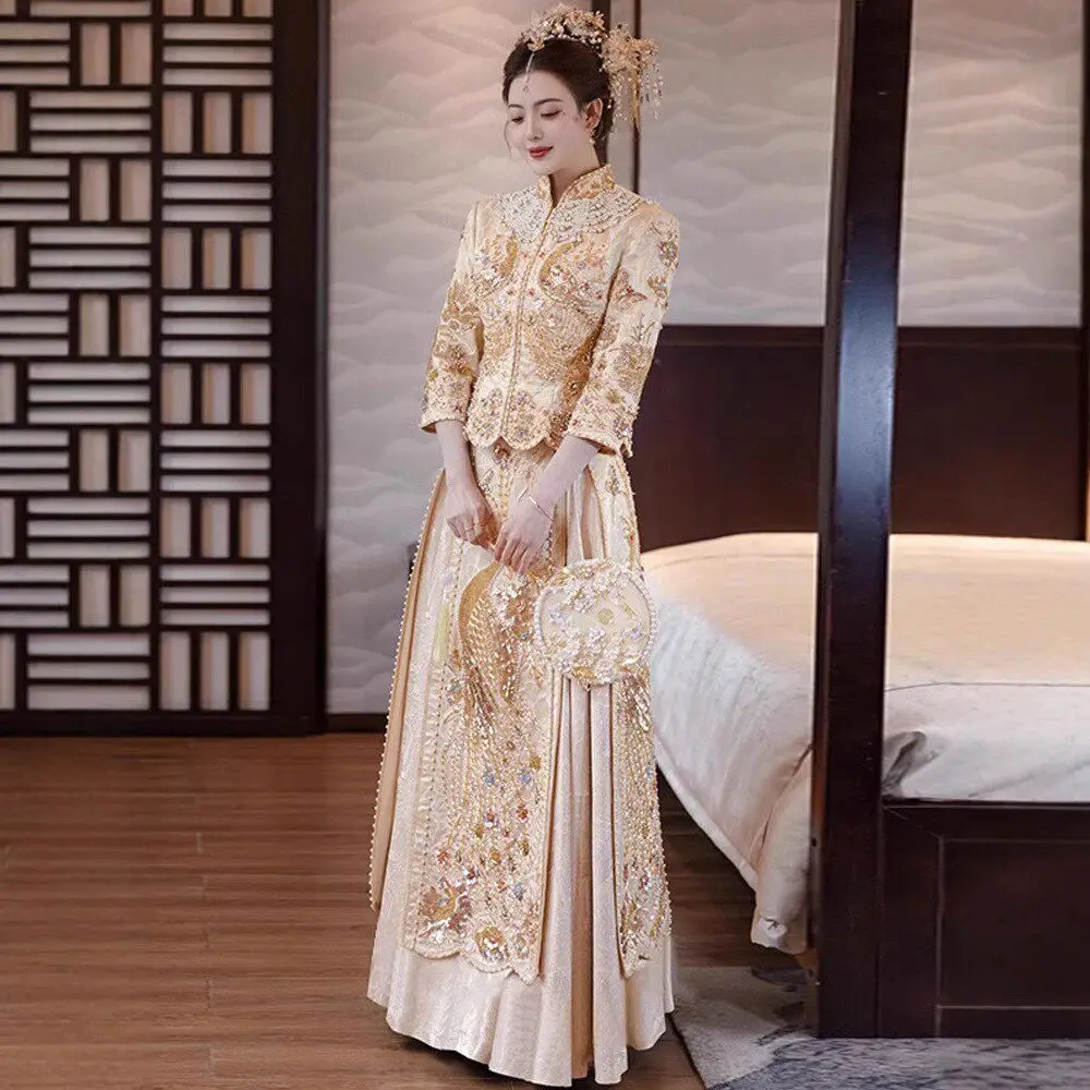 Embroidered Peacock Pattern Modern Cheongsam Golden Gown Traditional Chinese Bride Wedding Dress Oriental Vintage Attire CT015