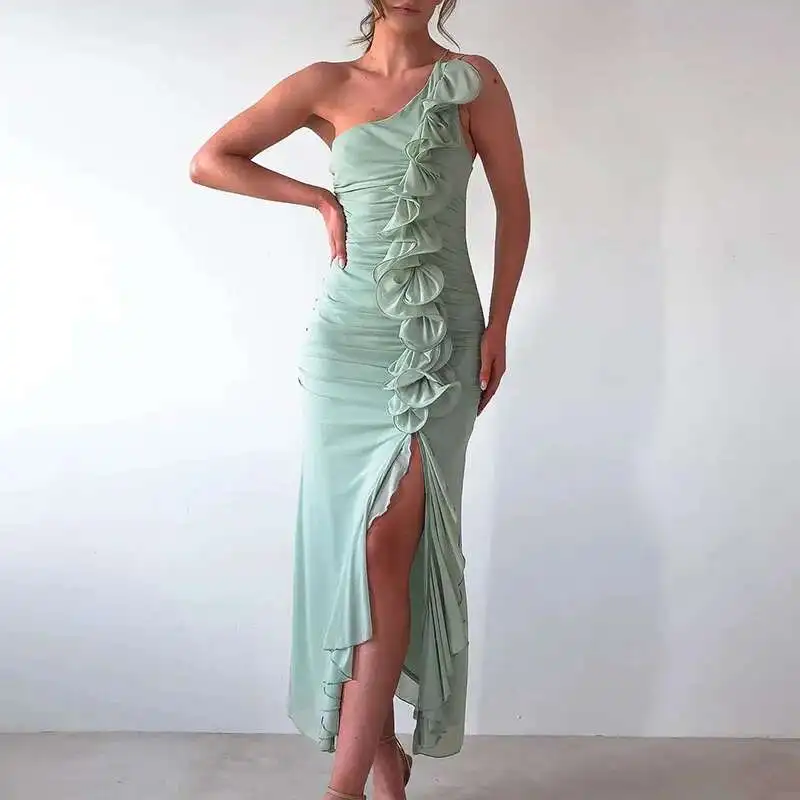 Sexy Backless Slim A-Line Casual Ruffled Irregular Beach Long New 2025 Summer Lady Slanted Collar Draped Split Dress