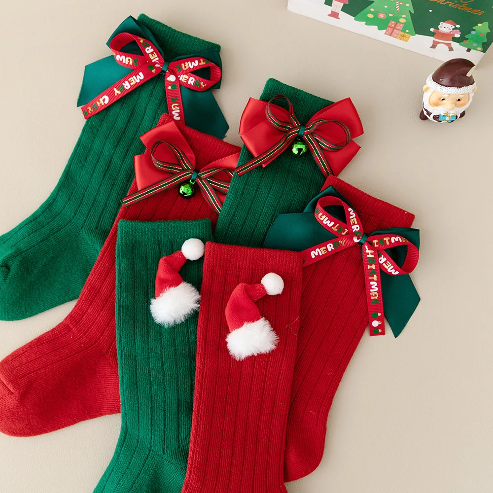 

Рождественские носки до середины икры для маленьких девочек с бантами и принтом, гольфы для малышей, мягкие хлопковые рождественские чулки