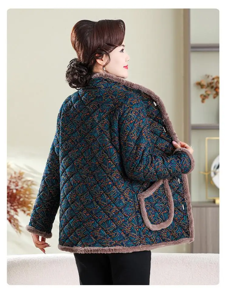سترة صوف للنساء في منتصف العمر وكبار السن للنساء معطف قطني مزين بالزهور ملابس خارجية سميكة للشتاء بياقة واقفة #3